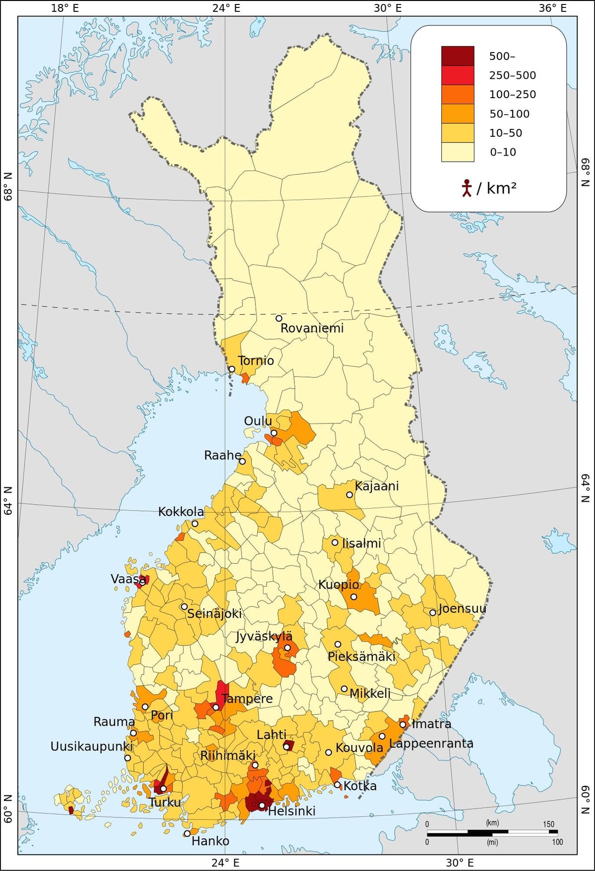 Finland bevolkingsdigtheid kaart