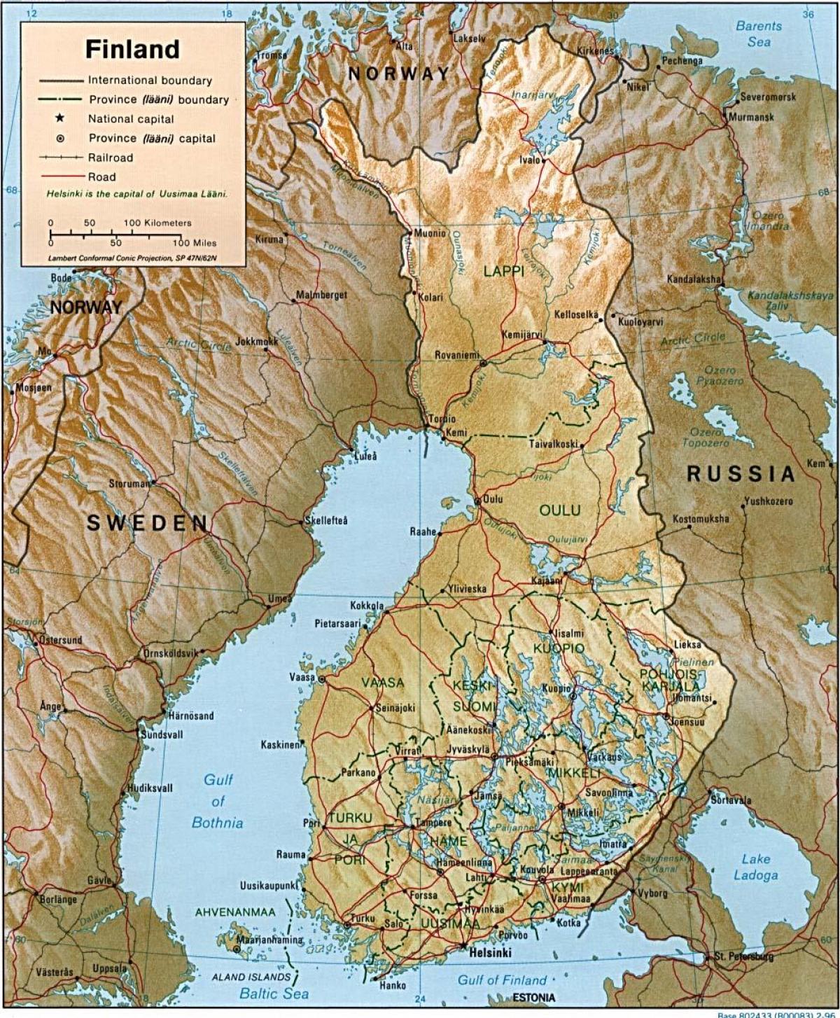 Kaart van Finland topografiese