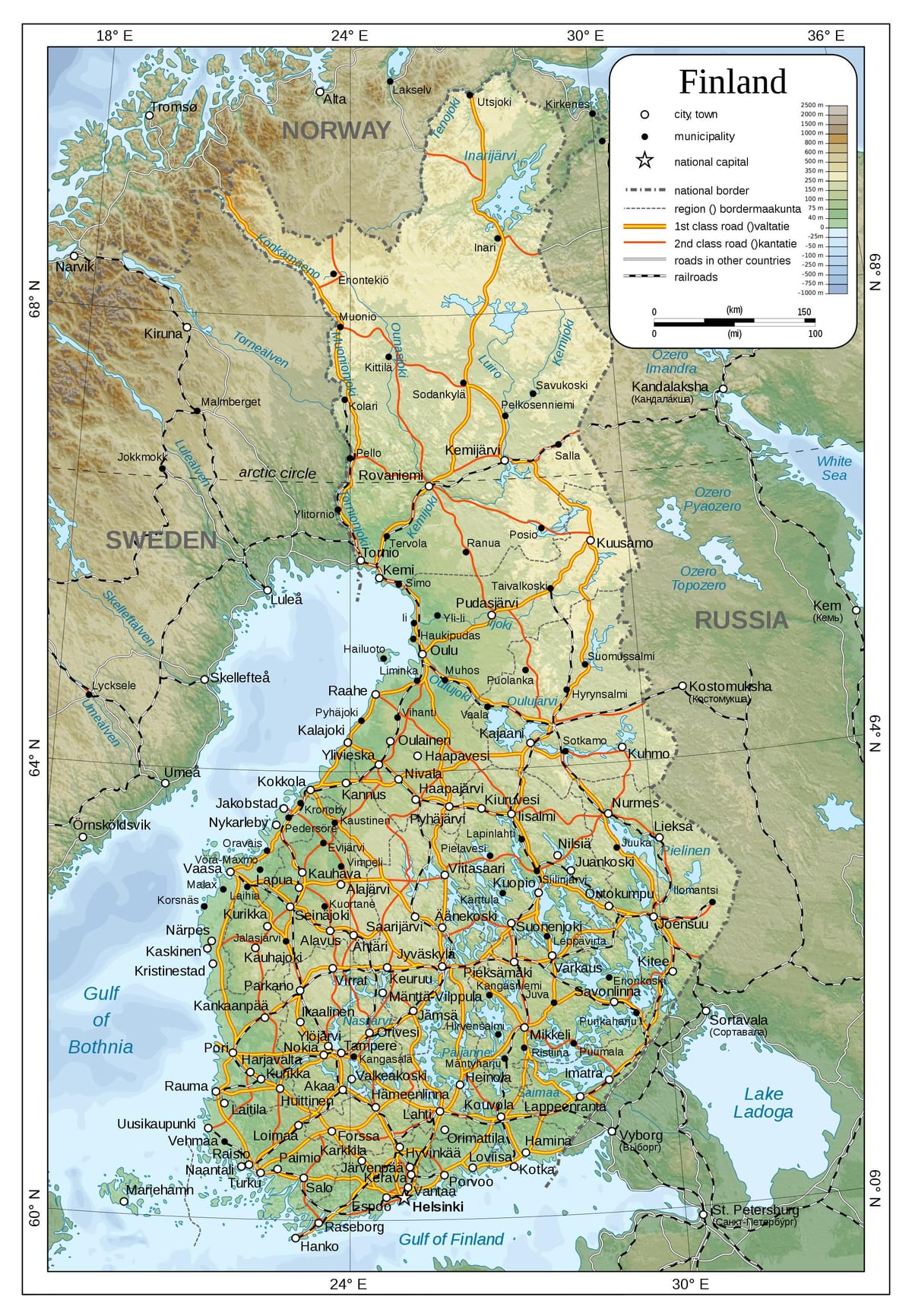 Kaart van fisiese Finland